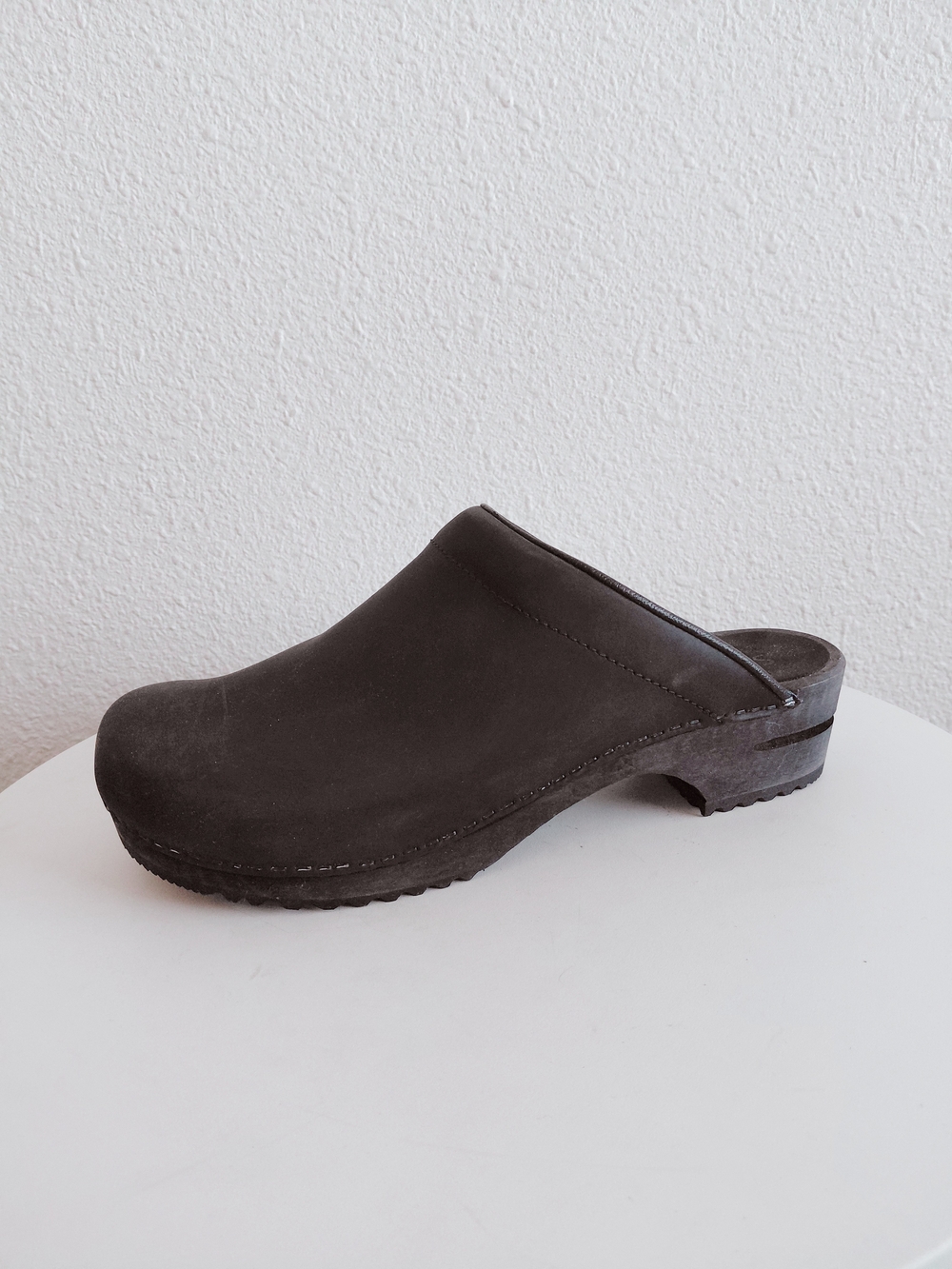 Sanita Black Brushed Leather Wooden Base Clogs